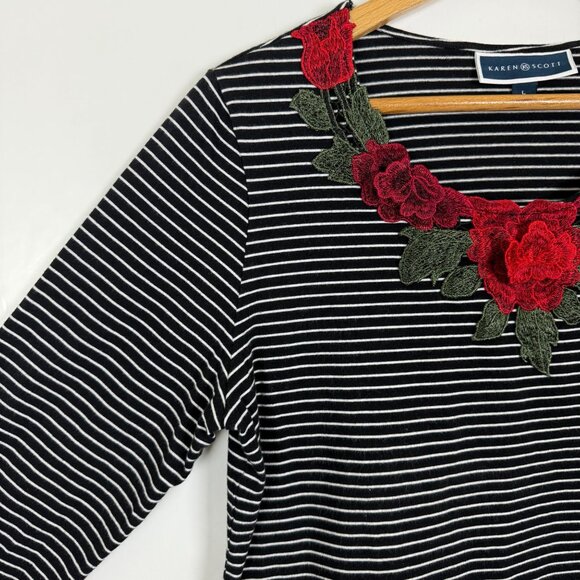 Karen Scott Womens Black White Striped Top Sz Large 3D Red Rose Applique Detail - Picture 5 of 9